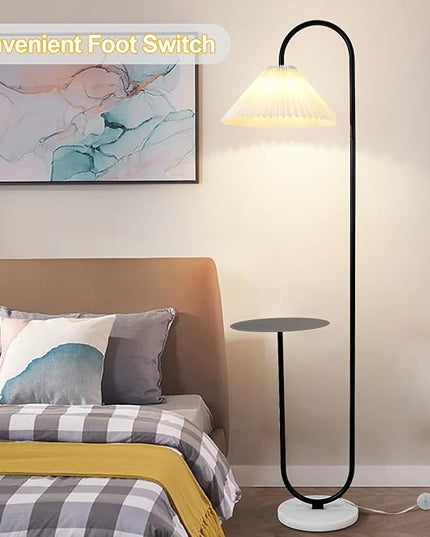 Modern Elegant with Tray Floor Lamp for Office Cafe Den Living Room Bedroom, Foot Switch and Black Paint, White Pleated Cloth Lampshade - LeafyLoom