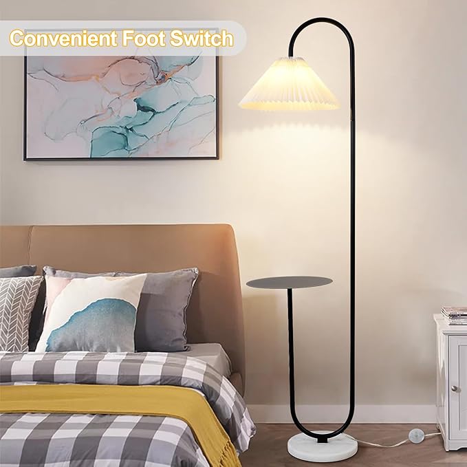 Modern Elegant with Tray Floor Lamp for Office Cafe Den Living Room Bedroom, Foot Switch and Black Paint, White Pleated Cloth Lampshade - LeafyLoom