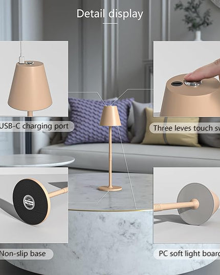 Modern LED CordlessTable Lamp,4000mAh Rechargeable Battery Desk lamp,3 Level Brightness Night Light, Minimalist Design, for Couple Dinner/Coffee Table/Restaurant/Bedroom (Light Pink) - LeafyLoom