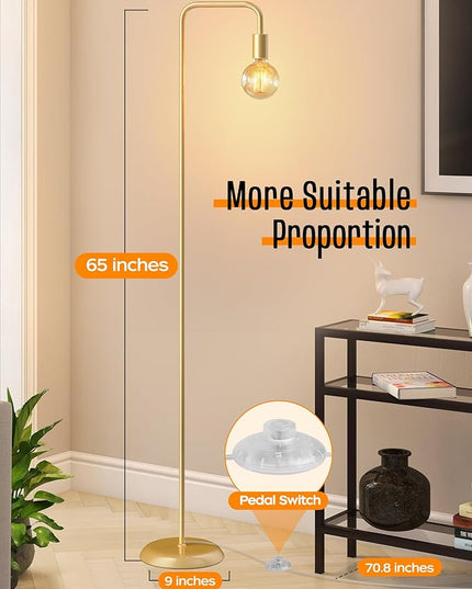 QiMH Industrial Floor Lamp for Living Room, Farmhouse Metal Standing Lamp, Modern Tall Lamp for Bedroom Office Minimalist Floor Lamps Home Decor(E26 Socket, Foot Switch), Brass Gold - LeafyLoom