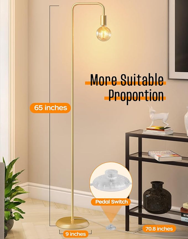 QiMH Industrial Floor Lamp for Living Room, Farmhouse Metal Standing Lamp, Modern Tall Lamp for Bedroom Office Minimalist Floor Lamps Home Decor(E26 Socket, Foot Switch), Brass Gold - LeafyLoom