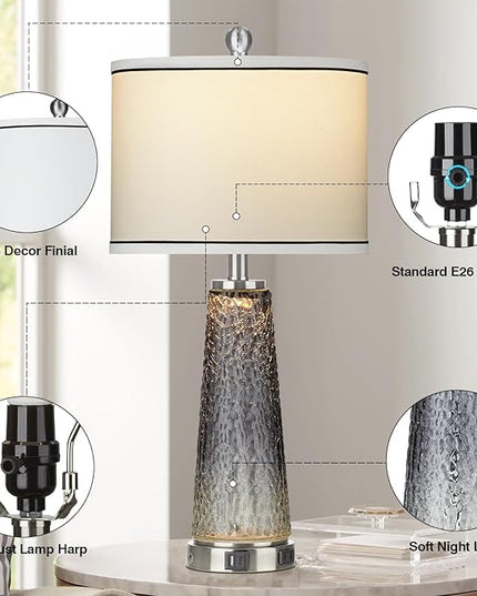 Glass Table Lamp Set of 2, 26" Modern Table Lamps with USB A+C Ports & AC Outlet, Touch Control Bedside Nightstand Lamp with LED Night Light for Living Room Bedroom Home Decor Black(4 Bulbs Included) - LeafyLoom