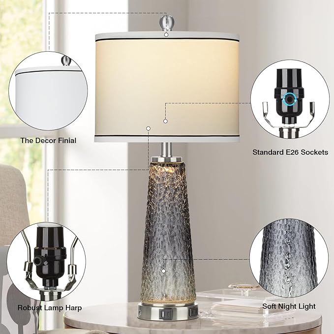 Glass Table Lamp Set of 2, 26" Modern Table Lamps with USB A+C Ports & AC Outlet, Touch Control Bedside Nightstand Lamp with LED Night Light for Living Room Bedroom Home Decor Black(4 Bulbs Included) - LeafyLoom