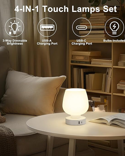 Kakanuo Bedside Table Lamps with Glass Shade, Touch Control, Dual USB A+C Charging Ports, Nightstand Lamps, 3-Way Dimmable, Bulbs Included, Set of 2 - LeafyLoom