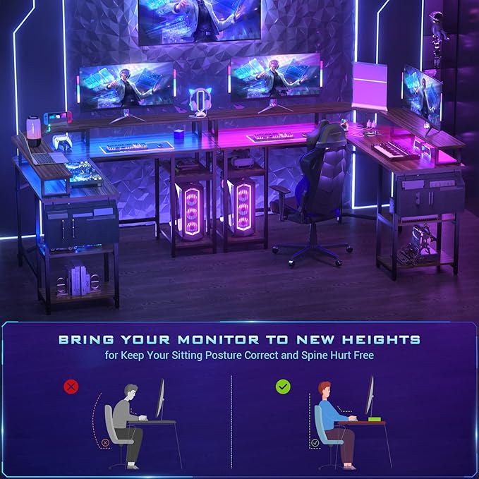 Aheaplus L Shaped Gaming Desk with Power Outlets & LED Lights, L- Shaped Desk Computer Corner Desk with Monitor Stand and Storage Shelf, Home Office Desk Writing Desk with Storage Bag, Espresso - LeafyLoom