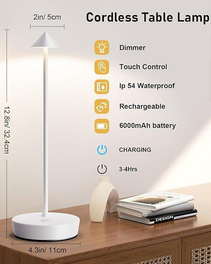 Set of 2 Rechargeable Cordless Table Lamp,6000mAh LED Battery Operated Desk Lamp Touch 3 Color Dimming Portable Outdoor Waterproof Table Light for Patio/Restaurant/Dining/Home (White) - LeafyLoom
