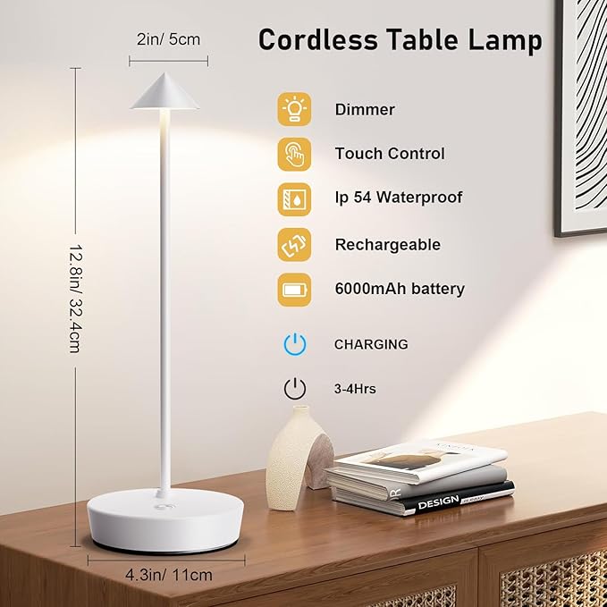 Set of 2 Rechargeable Cordless Table Lamp,6000mAh LED Battery Operated Desk Lamp Touch 3 Color Dimming Portable Outdoor Waterproof Table Light for Patio/Restaurant/Dining/Home (White) - LeafyLoom