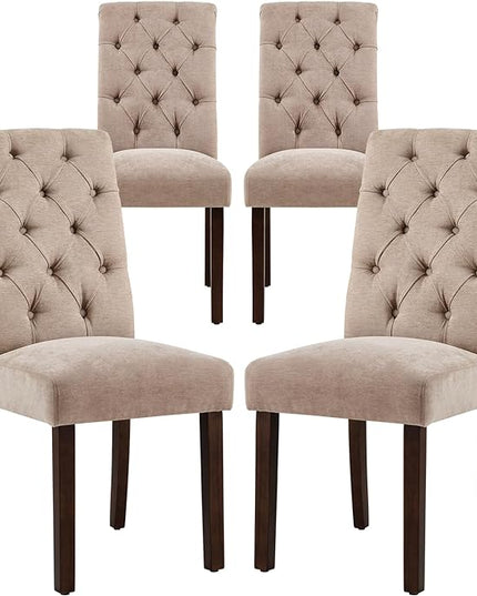 COLAMY Button Tufted Dining Chairs Set of 4, Parsons Upholstered Fabric Dining Room Chairs Kitchen Chairs with Wood Legs and Padded Seat, Taupe - LeafyLoom