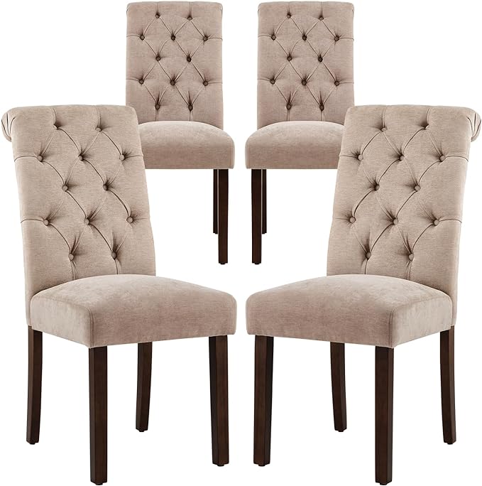 COLAMY Button Tufted Dining Chairs Set of 4, Parsons Upholstered Fabric Dining Room Chairs Kitchen Chairs with Wood Legs and Padded Seat, Taupe - LeafyLoom