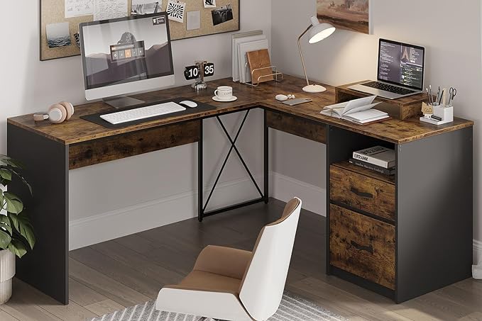 Bestier L Shaped Desk with Drawers, 55 inch Office L Desk with Reversible File Drawer, Industrial Wood Computer Desk with Monitor Stand (Rustic Brown) - LeafyLoom