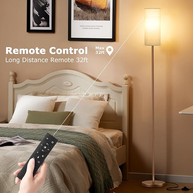 Ambimall 64'' Floor Lamps for Living Room with Remote Control and Stepless Dimmable Colors Temperature & Brightness, 9W Bulb Included(Beige Lampshade & Brown Pole) - LeafyLoom