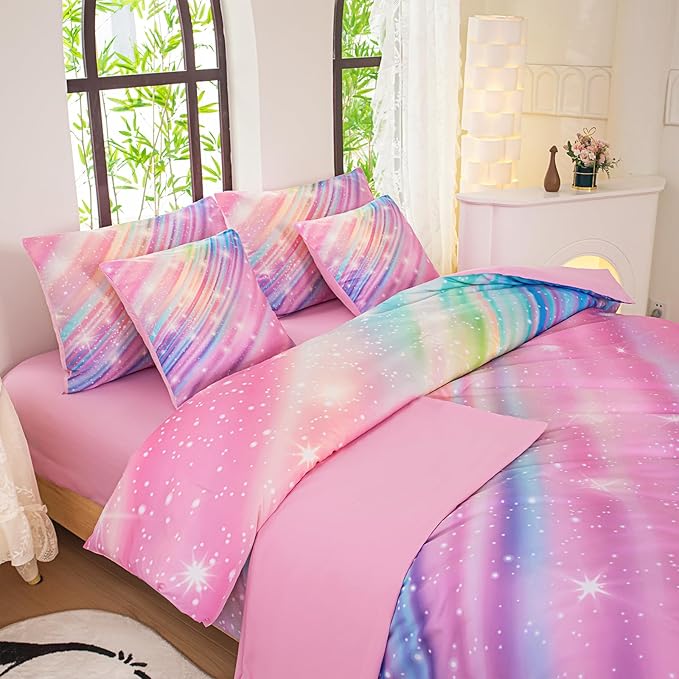 Twin Comforter Set for Girls Galaxy Bedding 7pieces, Ombre Bedding Comforter Sets Rainbow Comforter Glitter Bedding Twin Teen Comforter Sets for Girls - LeafyLoom