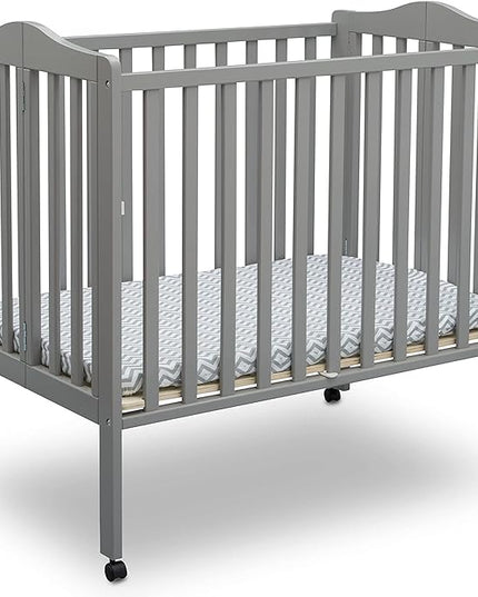 Delta Children Folding Portable Mini Baby Crib with 1.5-inch Mattress - Greenguard Gold Certified, Grey - LeafyLoom