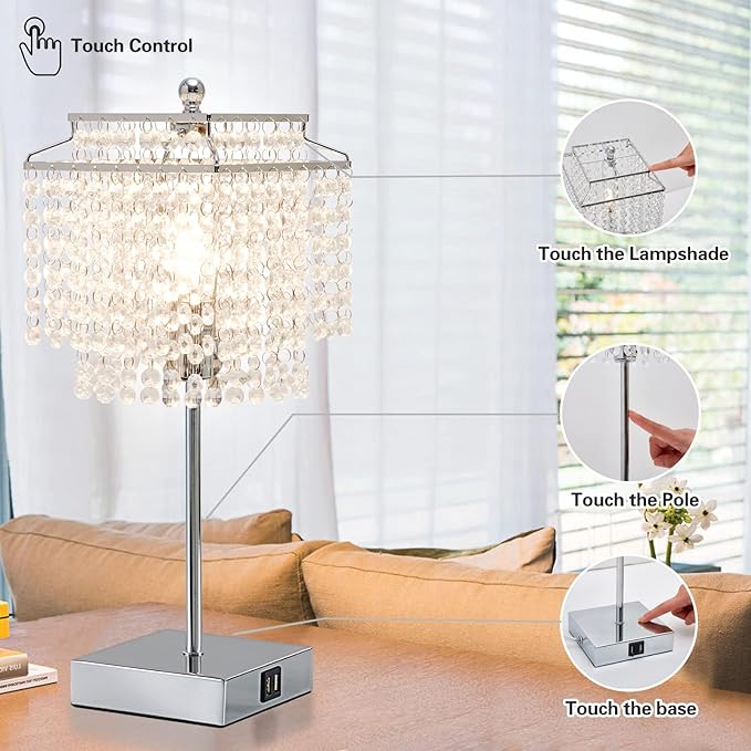 Luvkczc Crystal Table Lamp with Touch Control Set of 2, USB Bedside Crystal Table Lamp with USB C+A Ports, 3-Way Dimmable Lamp with Crystal Shade for Bedroom, Living Room, 6W LED Bulb Included - LeafyLoom