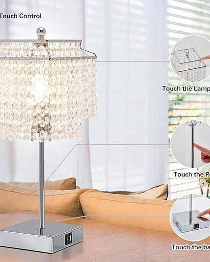 Luvkczc Crystal Table Lamp with Touch Control, USB Bedside Crystal Table Lamp, 3-Way Dimmable Lamp with Crystal Shade for Girls Bedroom, Living Room, 6W LED Bulb Included - LeafyLoom