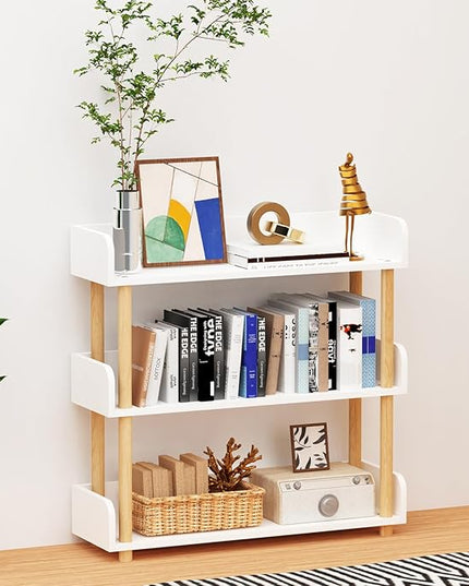 3-Tier Wooden Bookshelf, Modern Open Bookcase with Top Edge and Solid Wood Frame, Freestanding Bookshelf Storage Organizer for Home Office Living Room - LeafyLoom
