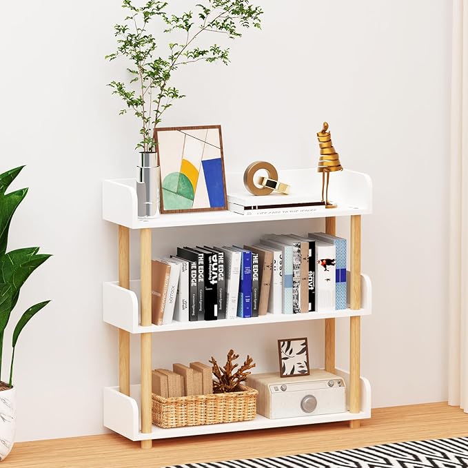 3-Tier Wooden Bookshelf, Modern Open Bookcase with Top Edge and Solid Wood Frame, Freestanding Bookshelf Storage Organizer for Home Office Living Room - LeafyLoom