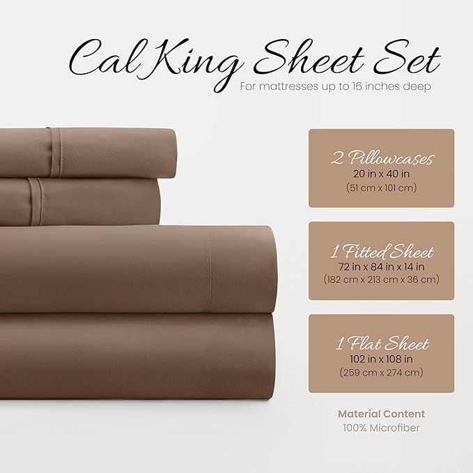 Linen Market Bed Sheets for California King Size Bed (Taupe) - Sleep Better Than Ever with These Soft and Cooling California King Sheets - Deep Pocket Fits 16" Thick Beds - 4 Piece Cal King Sheet Set - LeafyLoom