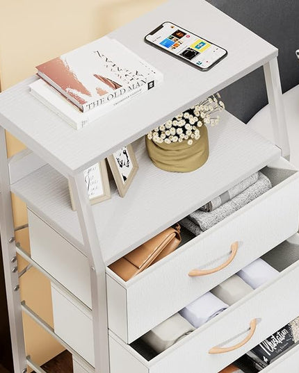 Furnulem White Dresser with 5 Drawers, Vertical Storage Tower Fabric Dresser for Bedroom, Hallway, Entryway, Nursery, Closet Organizer, Nightstand Bedside Table Furniture, Sturdy Steel Frame, Wood Top - LeafyLoom