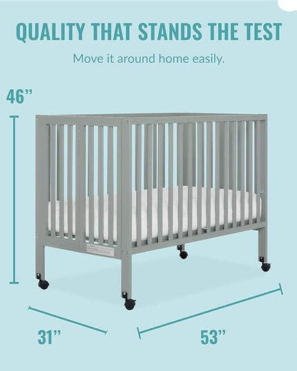 Quinn Full-Size Folding Crib in Cool Grey, Removeable Wheels, Modern Nursey, Adjustable Mattress Support, Portable Crib, Patented Folding System - LeafyLoom