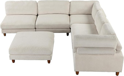 163.8" Large L Shaped Modular Sectional Sofa with Ottoman, 6-Seater Upholstered Combination Corner Couch for Living Room Office Spacious Space Furniture Sets, Beige, 163.8 Inch - LeafyLoom