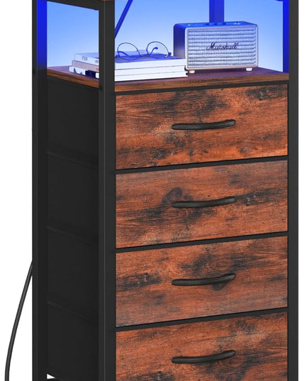 Yoobure Night Stand - LED Nightstand with Charging Station, Bedside Table with 4 Fabric Storage Drawers and Storage Shelf, End Table with USB Ports and Outlets, Tall Dresser for Bedroom - LeafyLoom