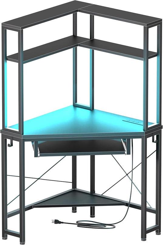 Corner Desk with Hutch and LED Lights, Corner Computer Desk with Keyboard Tray and Monitor Stand, Small Computer Desk for Small Spaces, Home Office - LeafyLoom