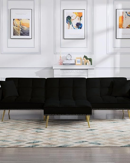 L-Shaped Living Room Furniture Sets Velvet Upholstery Tufted Corner Sectional Sofa Convertible Sleeper Couch Bed with Reversible Chaise Movable Ottoman & Nailhead Decor for Home Apartment - Beige - LeafyLoom
