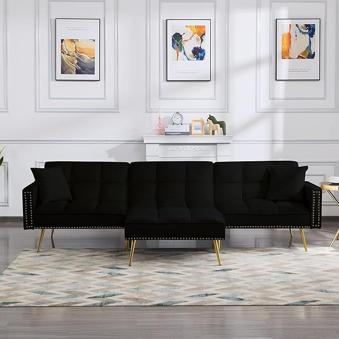 L-Shaped Living Room Furniture Sets Velvet Upholstery Tufted Corner Sectional Sofa Convertible Sleeper Couch Bed with Reversible Chaise Movable Ottoman & Nailhead Decor for Home Apartment - Beige - LeafyLoom