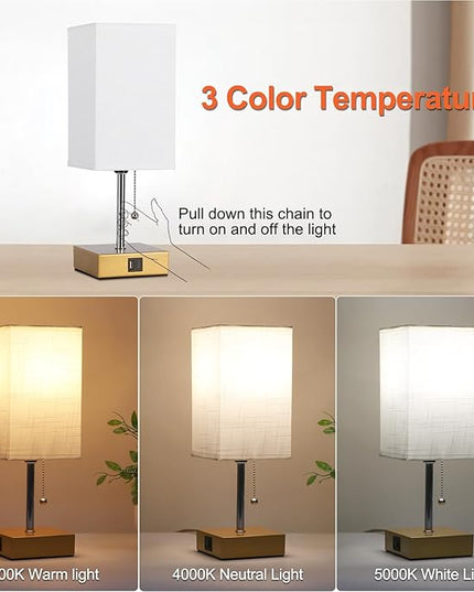 Table Lamp for Bedrooms Set of 2, 3 Color Bedside Table Lamps for Bed Room with USB Type C Charging Port Ac Outlet, Pull Chain Nightstand Table Lamp for Living Room,Office Desk(LED Bulb Included) - LeafyLoom