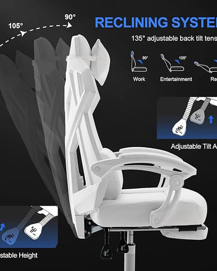 GTRACING Gaming Chair, Computer Chair with Mesh Back, Ergonomic Gaming Chair with Footrest, Reclining Gamer Chair with Adjustable Headrest and Lumbar Support for Gaming and Office (White) - LeafyLoom