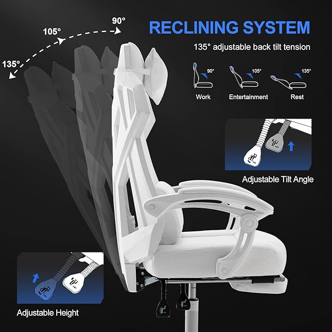 GTRACING Gaming Chair, Computer Chair with Mesh Back, Ergonomic Gaming Chair with Footrest, Reclining Gamer Chair with Adjustable Headrest and Lumbar Support for Gaming and Office (White) - LeafyLoom