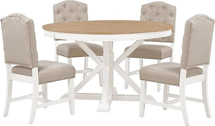 5-Piece Retro Round Dining Set with Extendable Table and 4 Upholstered Chairs for Kitchen, Breakfast Nook, Living Room, Oak Natural Wood + Off White, 42"-54" L x 42" W x 30" H - LeafyLoom