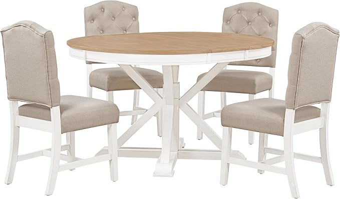 5-Piece Retro Round Dining Set with Extendable Table and 4 Upholstered Chairs for Kitchen, Breakfast Nook, Living Room, Oak Natural Wood + Off White, 42"-54" L x 42" W x 30" H - LeafyLoom