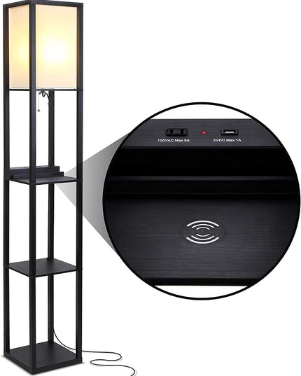 Brightech Maxwell – Modern Shelf Floor Lamp with USB Ports, Wireless Charging & Outlet – Versatile Corner Display and Lamp with Shelves, Storage Solution for Living Room, Office, Bedroom – Black - LeafyLoom
