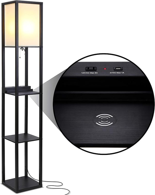 Brightech Maxwell – Modern Shelf Floor Lamp with USB Ports, Wireless Charging & Outlet – Versatile Corner Display and Lamp with Shelves, Storage Solution for Living Room, Office, Bedroom – Black - LeafyLoom