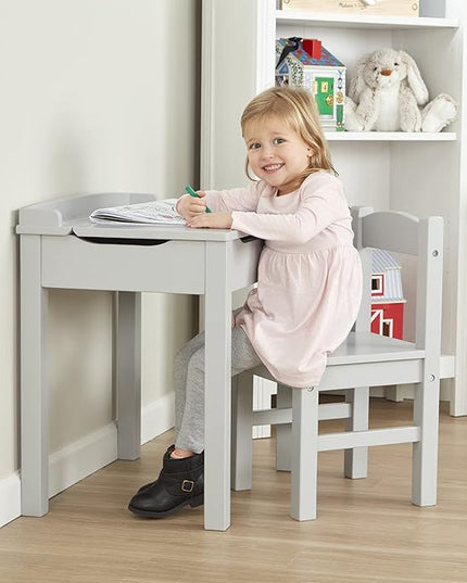 Melissa & Doug Wooden Lift-Top Desk & Chair - Gray , Grey - Toddler And Kids , For Ages 3+ With Self-Containted Storage And Chair Set - LeafyLoom