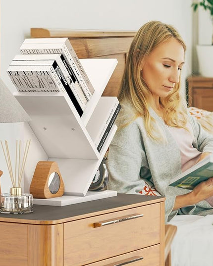 YMYNY 2 Tier Tree Bookshelf, Small Bookcase, Modern Wood Book Storage Rack Organizer, Freestanding Book shelf for Books/Movies/CDs, Display Rack for Bedroom, Home Office, White UHBC012W - LeafyLoom