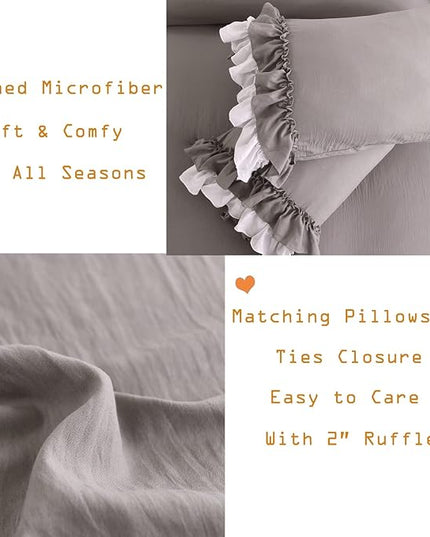 Ruffle Queen Comforter Set,Grey White Ruffled Comforter Sets for Queen Bed Shabby Boho Chic Farmhouse Bedding Set(1 Ruffle Comforter and 2 Pillowcases) - LeafyLoom