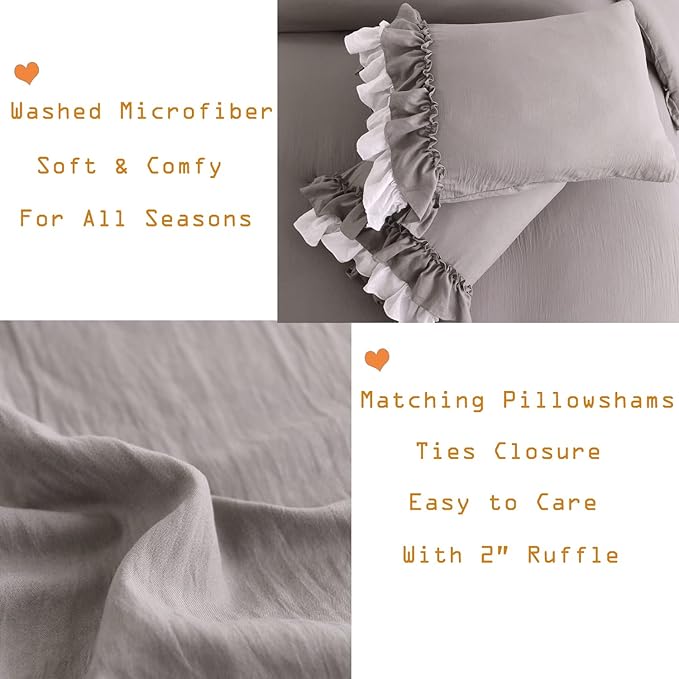 Ruffle Queen Comforter Set,Grey White Ruffled Comforter Sets for Queen Bed Shabby Boho Chic Farmhouse Bedding Set(1 Ruffle Comforter and 2 Pillowcases) - LeafyLoom