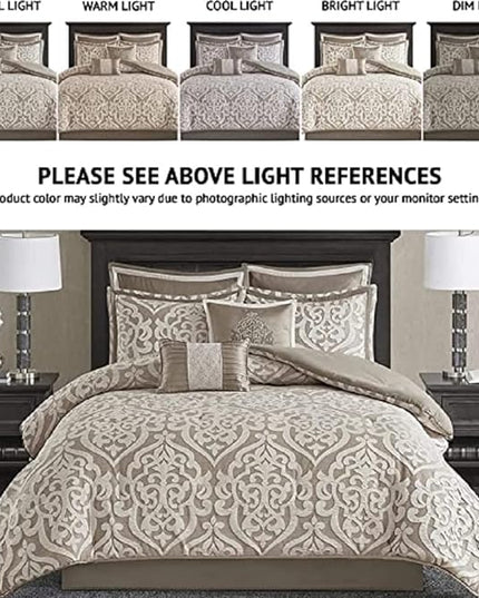 Madison Park Odette Cozy Comforter Set Jacquard Damask Medallion Design - Modern All Season, Down Alternative Bedding, Shams, Decorative Pillow, King(104 in x 92 in), Tan 8 Piece - LeafyLoom