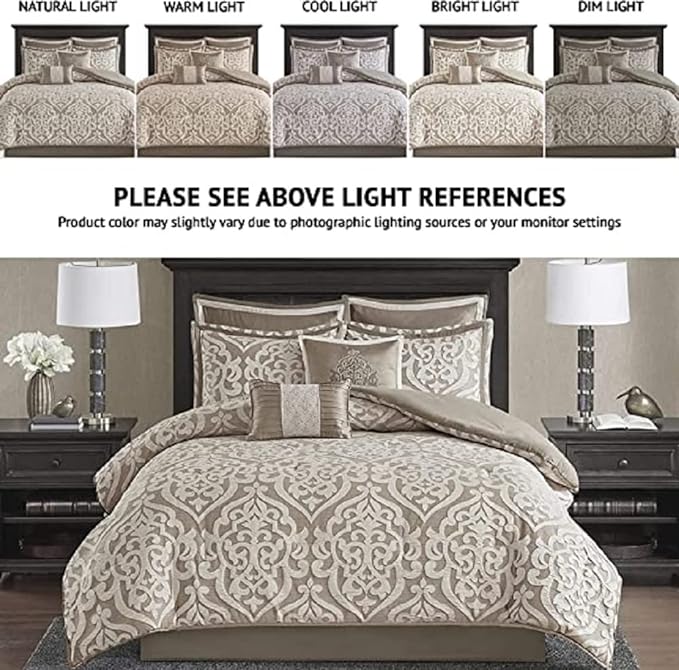 Madison Park Odette Cozy Comforter Set Jacquard Damask Medallion Design - Modern All Season, Down Alternative Bedding, Shams, Decorative Pillow, King(104 in x 92 in), Tan 8 Piece - LeafyLoom