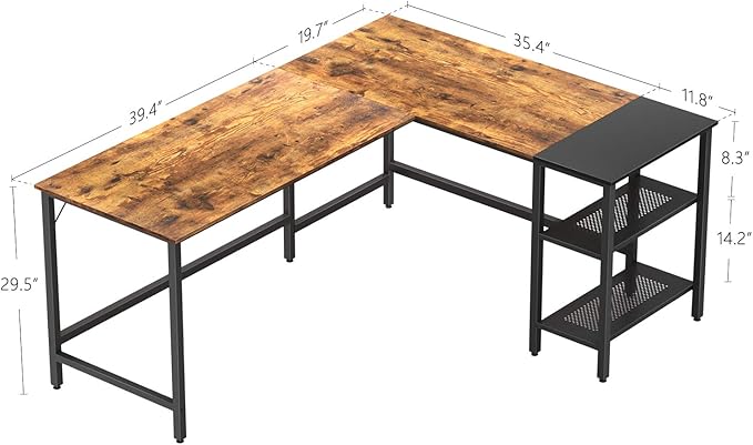 BANTI L Shape Computer Desk with Storage Shelf Study Writing Table for Home Office, Modern Simple Style PC Desk, Black Metal Frame - LeafyLoom