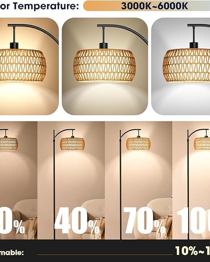 Arc Floor Lamp with Remote & App Control, 10 Color Modes, 10 Dimmable Brightness, Boho Tall Standing Lamps with LED Smart Bulb, Rattan & Fabric Double Drum Shade for Living Room Bedroom Office - LeafyLoom