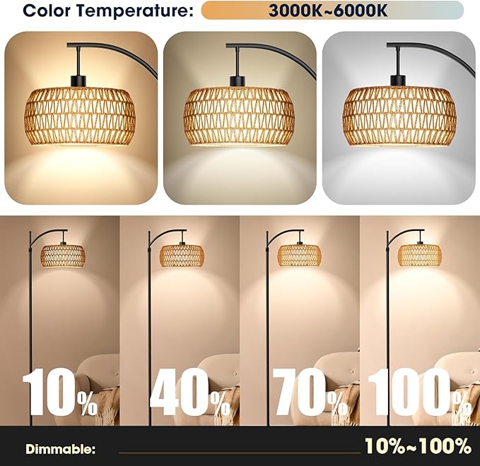 Arc Floor Lamp with Remote & App Control, 10 Color Modes, 10 Dimmable Brightness, Boho Tall Standing Lamps with LED Smart Bulb, Rattan & Fabric Double Drum Shade for Living Room Bedroom Office - LeafyLoom