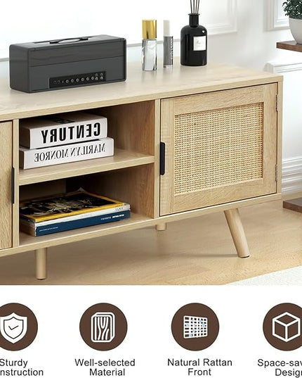 Anmytek Farmhouse Rattan TV Stand Modern Wood Media Entertainment Center Console Table for TVs up to 55 Inches with 2 Doors and 2 Open Shelves, Natural Oak, H0015 - LeafyLoom