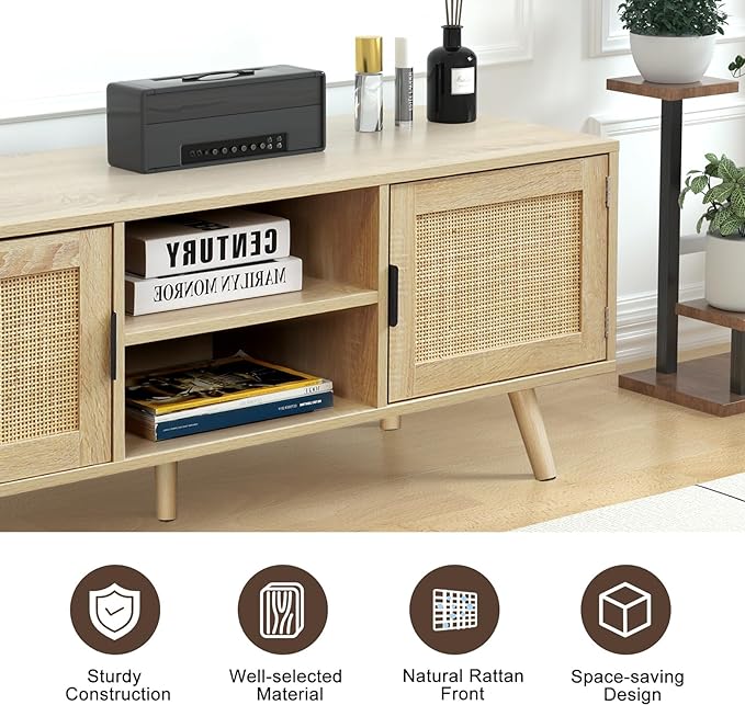 Anmytek Farmhouse Rattan TV Stand Modern Wood Media Entertainment Center Console Table for TVs up to 55 Inches with 2 Doors and 2 Open Shelves, Natural Oak, H0015 - LeafyLoom