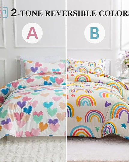 Btargot 3 Piece Kids Rainbow Comforter Set with 2 Pillow Covers, Cartoon Love Hearts Suns and Stars Bedding Set for Girls Boys Kids, Twin Beige - LeafyLoom