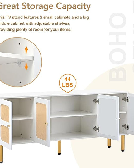 NicBex TV Stand for 70 Inch TV Modern TV Media Console Table with Rattan Door and Gold Metal Base,Entertainment Center with Storage for Living Room,64.9 Inch,White - LeafyLoom