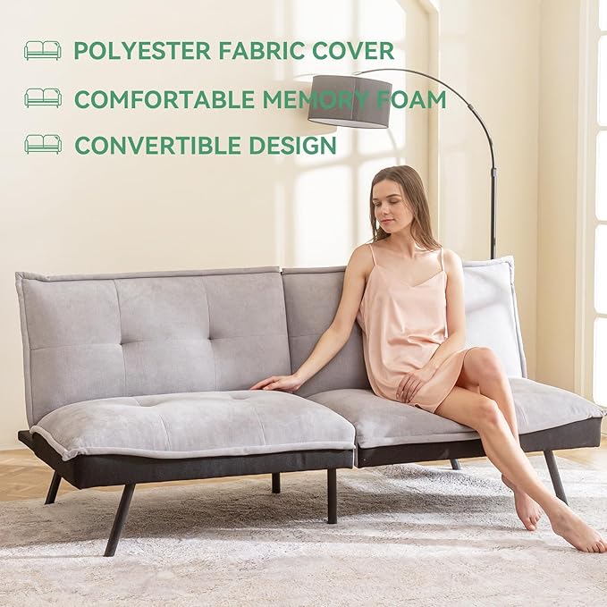 Futon Couch,3" Memory Foam Small Splitback, Polyester Fabric Cover Modern Loveseat for Living, Apartment,Studio,Guest Room,Home Office,71" L Sofa Bed, Light Gray - LeafyLoom